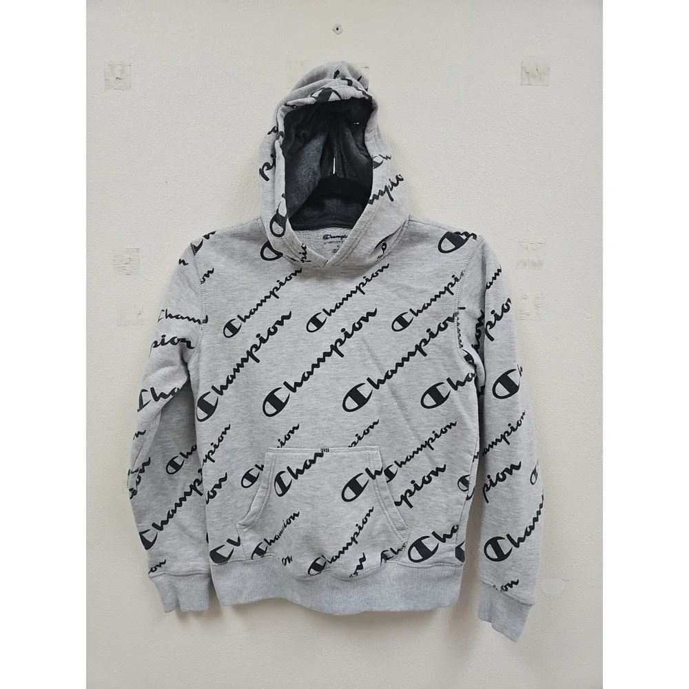 Champion Hoodie Youth Medium Sweatshirt Pullover Gray Black All Over Logo Print